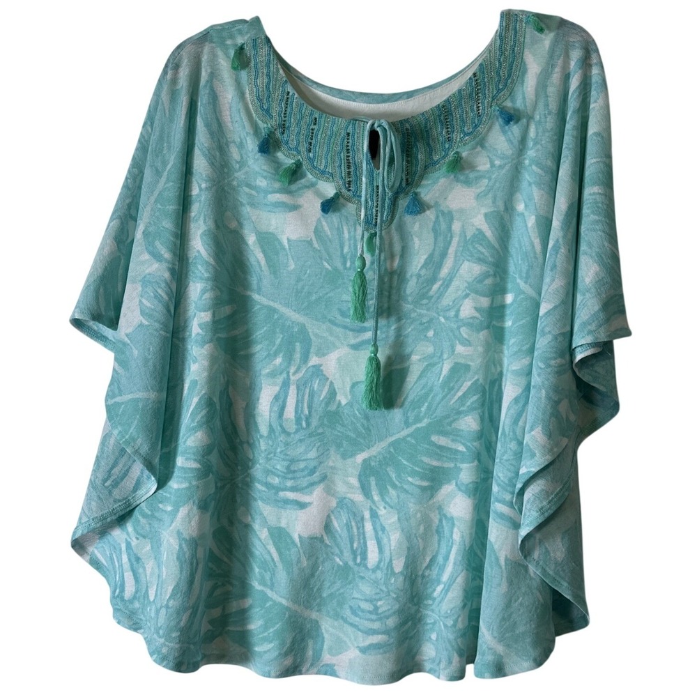 Rafaela Flowy Blouse Aqua Womens Sz M Coastal Beaded Neckline‎ Crop Gypsy BOHO